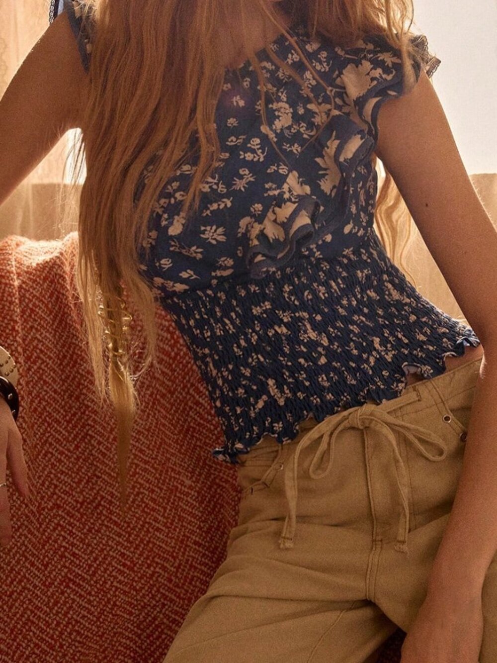 Blue Boho Women's Printed Ruffle Waist Vacation Top - Picture 6 of 7